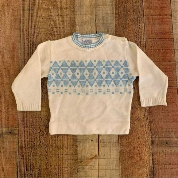 Cradle knit boys vintage crewneck sweater in white and blue -6/12M - Picture 1 of 7